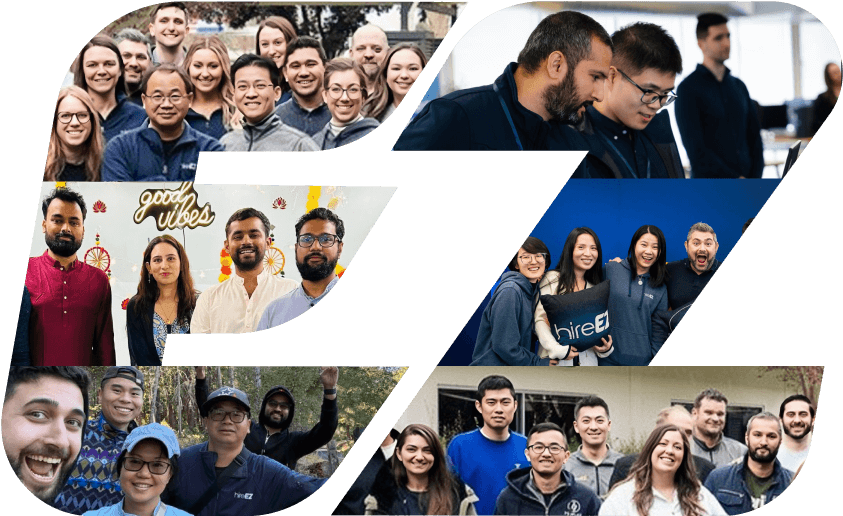 Images of several members of the hireEZ team placed together within the letters 'EZ'